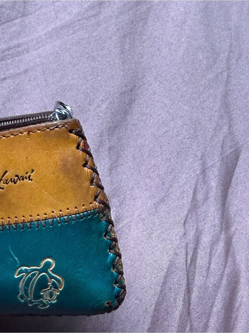 Aloha Hawaii Leather Patchwork Coin Purse Pouch in Teal, Mustard & Red